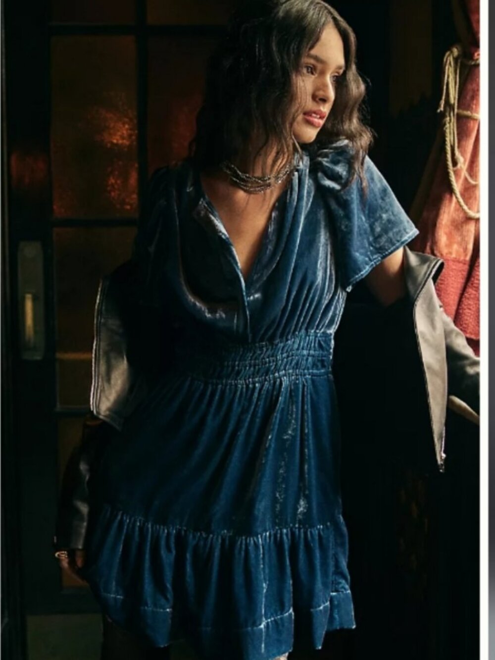 Anthropologie Somerset Mini Dress Tiered Blue Velvet V-Neck Fairy Grunge Small - Picture 15 of 15